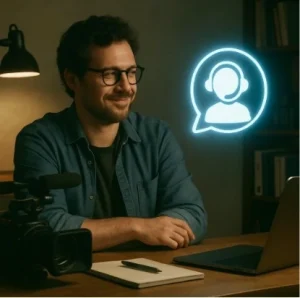 A filmmaker sitting comfortably at a desk with a glowing digital assistant icon floating nearby, representing a collaborative partnership.