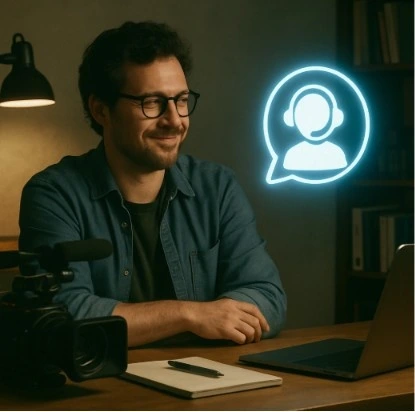 A filmmaker sitting comfortably at a desk with a glowing digital assistant icon floating nearby, representing a collaborative partnership.