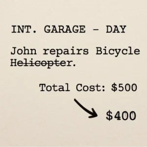 A simple visual showing a script line being edited (changing 'Helicopter' to 'Bicycle') and an arrow pointing to a total cost decreasing.