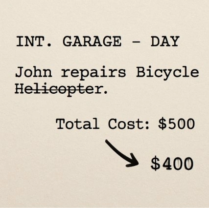 A simple visual showing a script line being edited (changing 'Helicopter' to 'Bicycle') and an arrow pointing to a total cost decreasing.