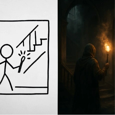 A side-by-side comparison of a simple stick-figure sketch versus a rich, atmospheric AI-generated storyboard frame of the same scene.