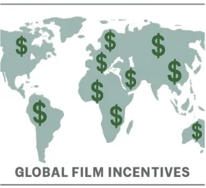 A simple graphic showing a world map with dollar signs over different countries, representing global film incentives.