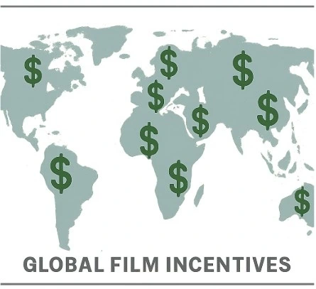 A simple graphic showing a world map with dollar signs over different countries, representing global film incentives.