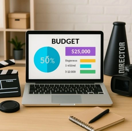 A clean, well-lit photo of a filmmaker's desk with a laptop showing a simplified, colorful digital budget interface.