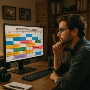 A filmmaker in a cozy home office looking thoughtfully at a computer screen displaying a colorful production schedule.
