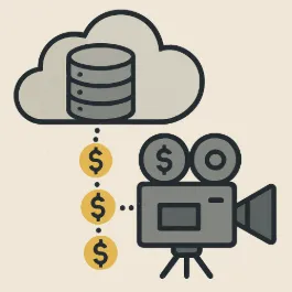 An artistic representation of a 'database' cloud feeding prices into a movie camera icon.