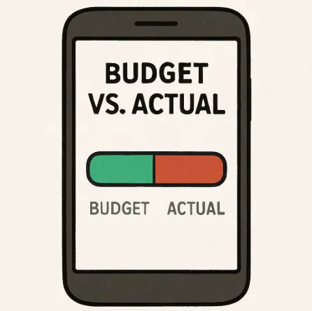 A simple conceptual illustration of a smartphone app showing a 'Budget vs. Actual' progress bar that is turning from green to red.
