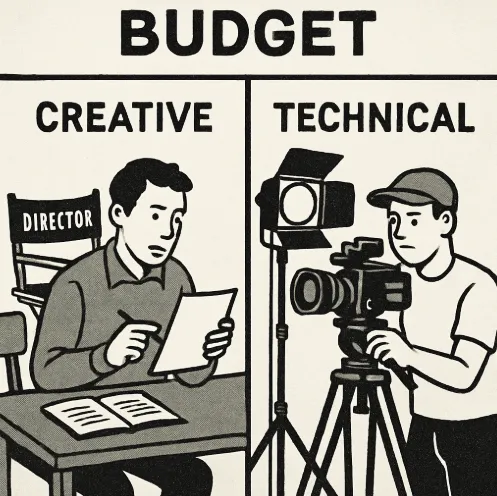 A split-screen visual showing a director/writer on one side (creative) and a camera/lighting crew on the other (technical), symbolizing the budget split.