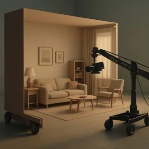 A 3D visualization of a living room set where one wall is pulled away on wheels to allow a camera crane access.