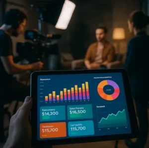 A high-quality photo of a film set with a tablet in the foreground displaying a vibrant, easy-to-read financial dashboard.