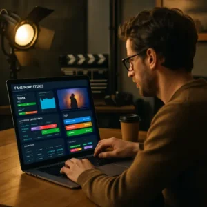 A filmmaker in a creative workspace looking at a modern laptop screen that shows a vibrant, organized film production dashboard.