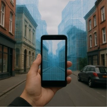 A person holding a smartphone to scan a street, with a digital, translucent 3D mesh growing out of the physical buildings.