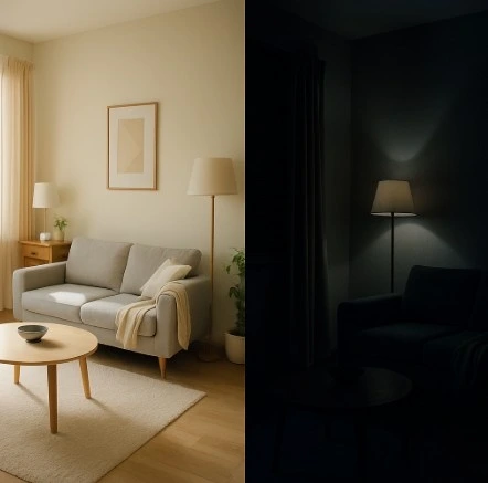 A comparison of two photos of the same room: one brightly lit like a comedy, one darkly lit with shadows like a noir thriller.