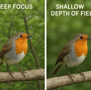 A visual comparison showing 'Deep Focus' (everything sharp) vs. 'Shallow Depth of Field' (subject sharp, background blurred).