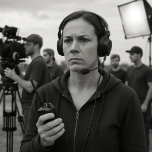 A person with a headset and a walkie-talkie standing in front of a large film crew, looking focused and authoritative.