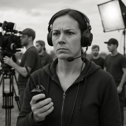 A person with a headset and a walkie-talkie standing in front of a large film crew, looking focused and authoritative.