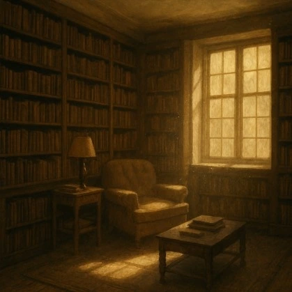 A wide-angle shot of a classic cozy movie library with dust motes dancing in the light, showing how lighting and placement create a specific mood.