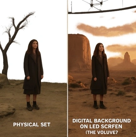 A comparison graphic showing a physical set transition into a digital background on an LED screen (The Volume).
