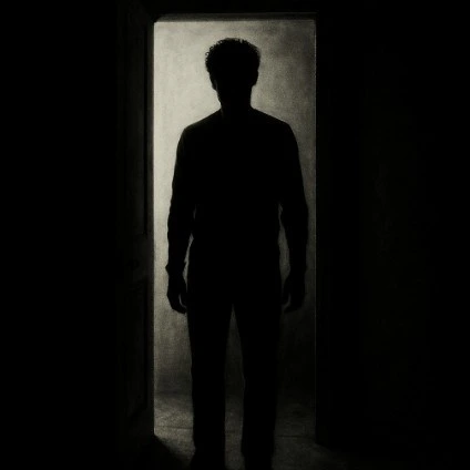 A person standing in a doorway with heavy 'Chiaroscuro' lighting (high contrast shadows) to show mood.