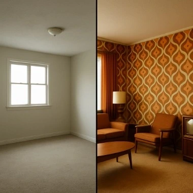 A split screen showing a bare, empty room next to the same room fully dressed with period-appropriate 1970s furniture and wallpaper to show the 'before and after' of art direction.