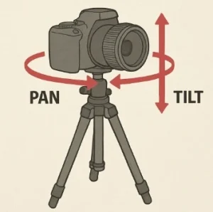 An illustration showing a camera on a tripod swiveling left/right (Pan) and nodding up/down (Tilt).
