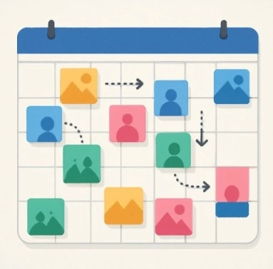 A digital calendar view where colorful 'scene blocks' are being automatically shuffled into an optimal sequence.