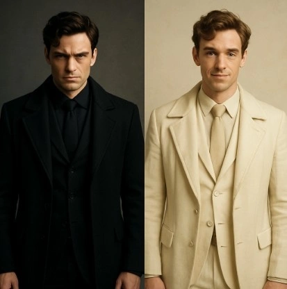 A side-by-side comparison of a character in two drastically different outfits—one sharp and dark, the other soft and bright—illustrating how the same person can appear hero or villain based solely on clothing.
