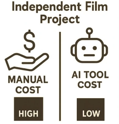 A simple icon-based chart comparing 'Manual Cost' (high) and 'AI Tool Cost' (low) for an independent film project.