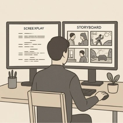 A minimalist, clean home office setup where a writer is looking at a dual-monitor setup—one screen showing a traditional script and the other showing a visual storyboard being generated simultaneously.