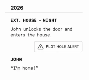 A clean, minimalist screenshot of a 2026 script interface highlighting a 'Plot Hole Alert' next to a scene block.