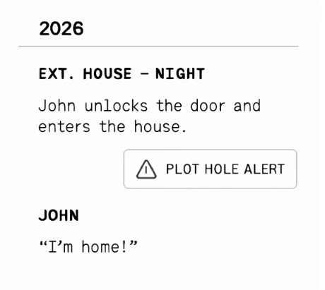 A clean, minimalist screenshot of a 2026 script interface highlighting a 'Plot Hole Alert' next to a scene block.