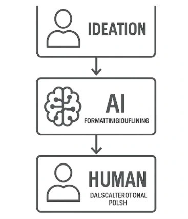 A clean flow chart showing the stages of writing where a human leads (Ideation), AI assists (Formatting/Outlining), and a human finishes (Dialogue/Emotional Polish).