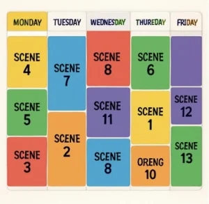 A clean, colorful digital calendar view showing a 'stripboard' style film schedule optimized for efficiency.