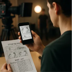 A person on a film set holding a smartphone, looking at a clearly laid out storyboard frame and shot list.