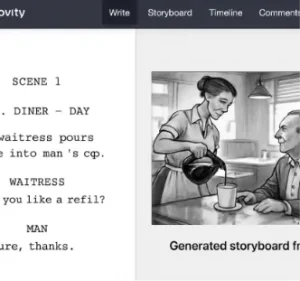 A clean screenshot of the Studiovity interface showing a script on the left and a generated storyboard frame on the right.