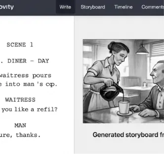 A clean screenshot of the Studiovity interface showing a script on the left and a generated storyboard frame on the right.