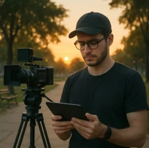 A focused filmmaker standing on a park set at sunset, looking at a digital tablet with a look of organized confidence.
