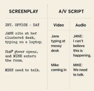 A split screen showing a standard screenplay layout on one side and a two-column AV script layout on the other.