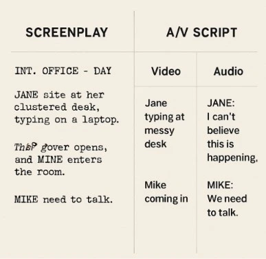 A split screen showing a standard screenplay layout on one side and a two-column AV script layout on the other.