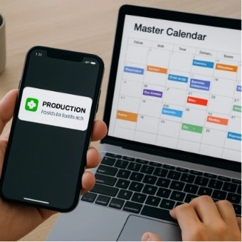 An image showing a smartphone displaying a production notification next to a laptop showing the master calendar.