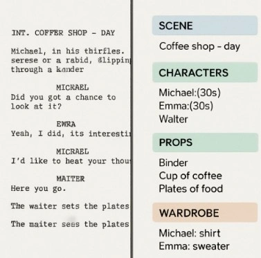 A split-screen visual showing a script page on one side and a neatly categorized list of production elements on the other.