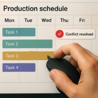 A close-up of a hand using a mouse to drag a digital 'strip' on a production schedule, with a small notification icon indicating a conflict is resolved.