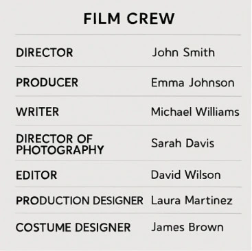 A clean, user-friendly interface showing a film crew list with names and roles labeled clearly.