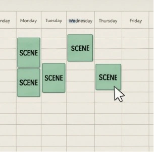 A simple screen showing a digital calendar with 'scene blocks' being moved by a cursor.