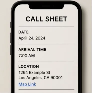 A mobile phone screen showing a digital call sheet with a clear 'Arrival Time' and a map link for the location.