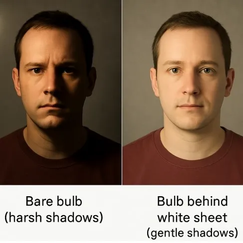 A side-by-side comparison of a person lit by a bare bulb (harsh shadows) versus a bulb behind a white sheet (gentle shadows).