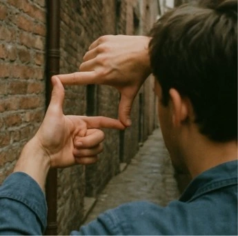 A person looking through their hands shaped like a viewfinder at an old, textured brick alleyway.