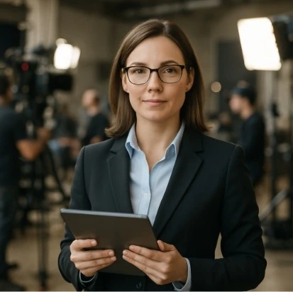 A professional-looking production manager standing on a busy film set holding a digital tablet while cameras and lights are blurred in the background.