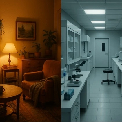 A side-by-side comparison of a warm, cluttered interior and a cold, sterile laboratory to show contrast in mood.
