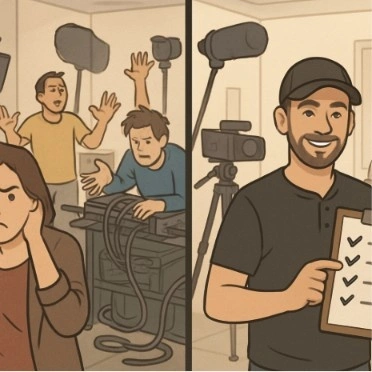 A side-by-side comparison of a cluttered, stressful film set without a plan versus a calm, organized set with a director holding a checklist.